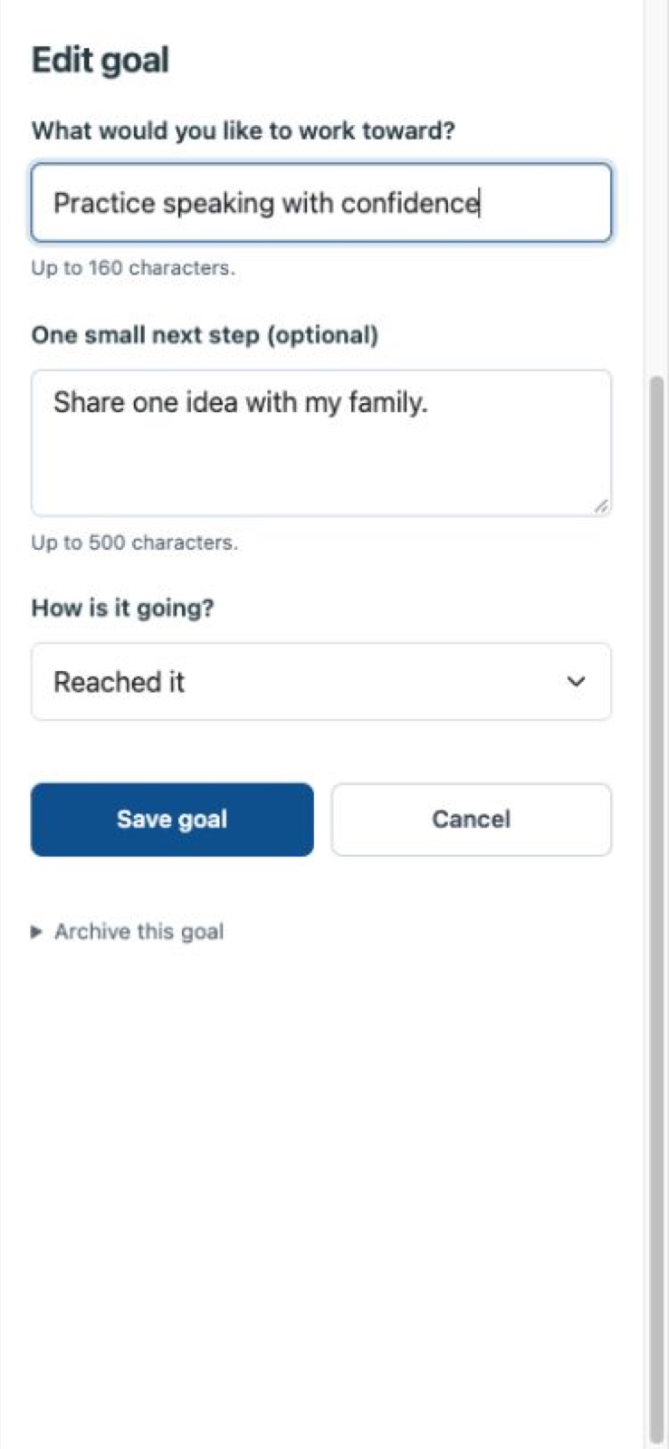 A compact goal editor pairs a personal aim with a small next step. Browser phone viewport, not a native mobile app.