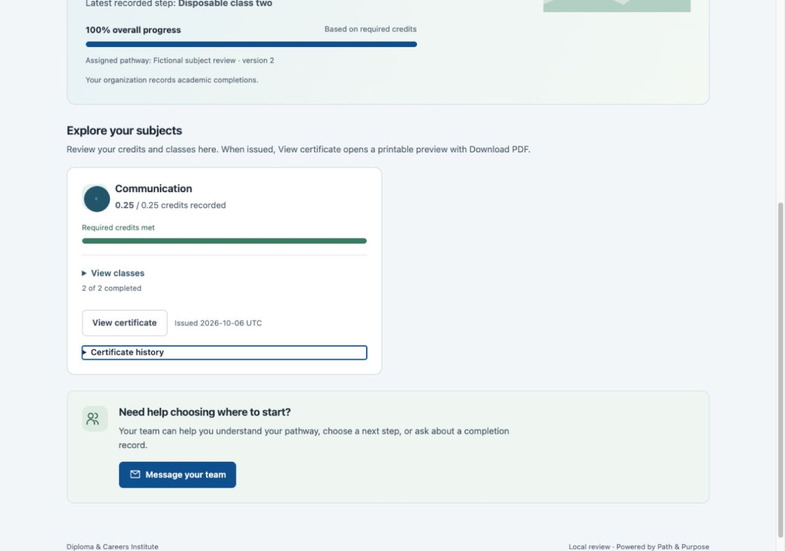 Academic progress brings subject credits, class history and certificate access together using synthetic records.