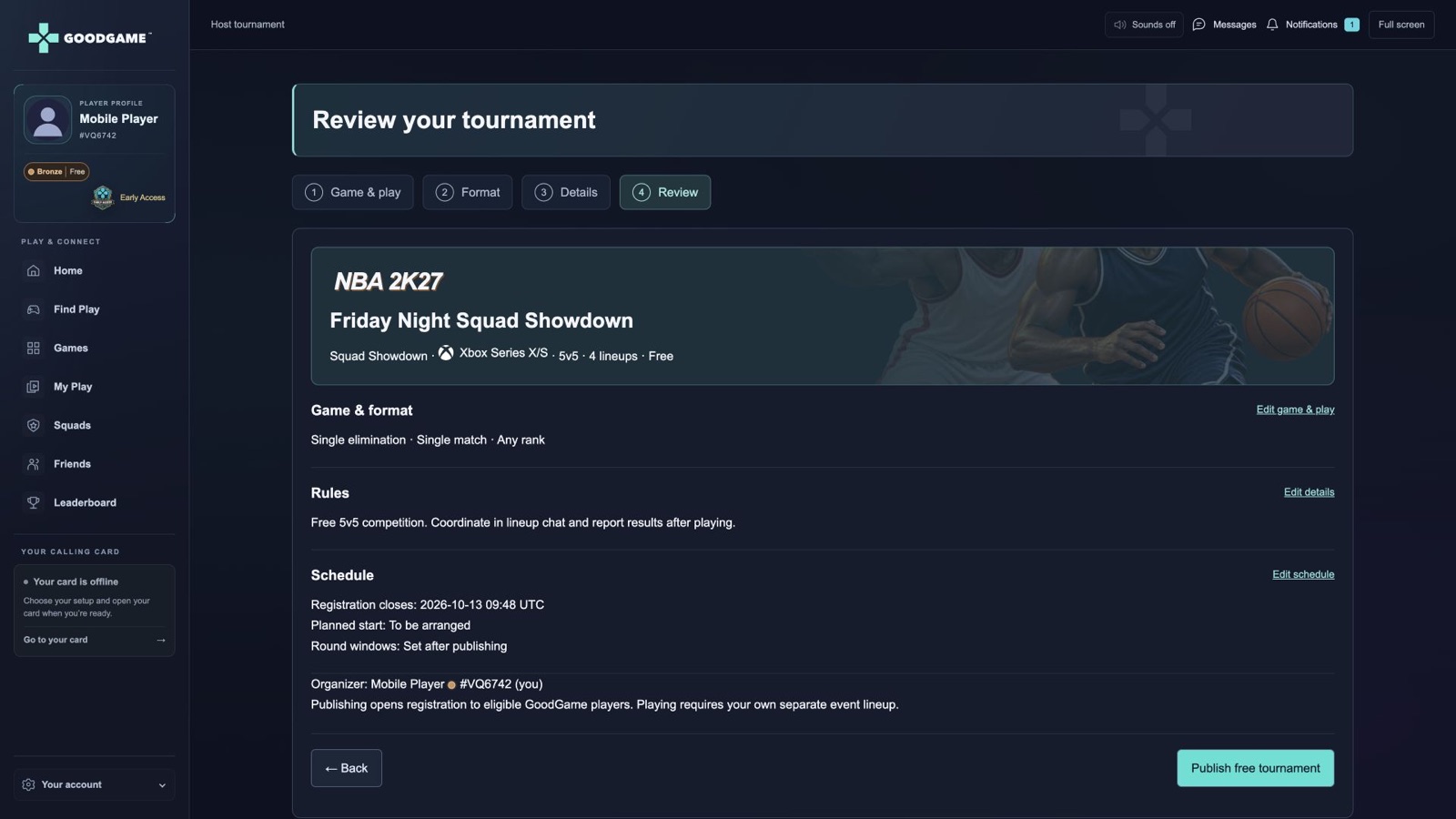 Tournament setup and review in the Console interface. Actual application with demo data and temporary game artwork.