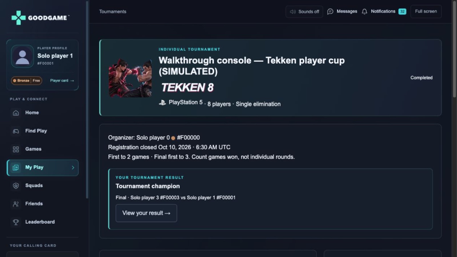 A synthetic tournament walkthrough reaches a champion result; this is application UI, not gameplay.