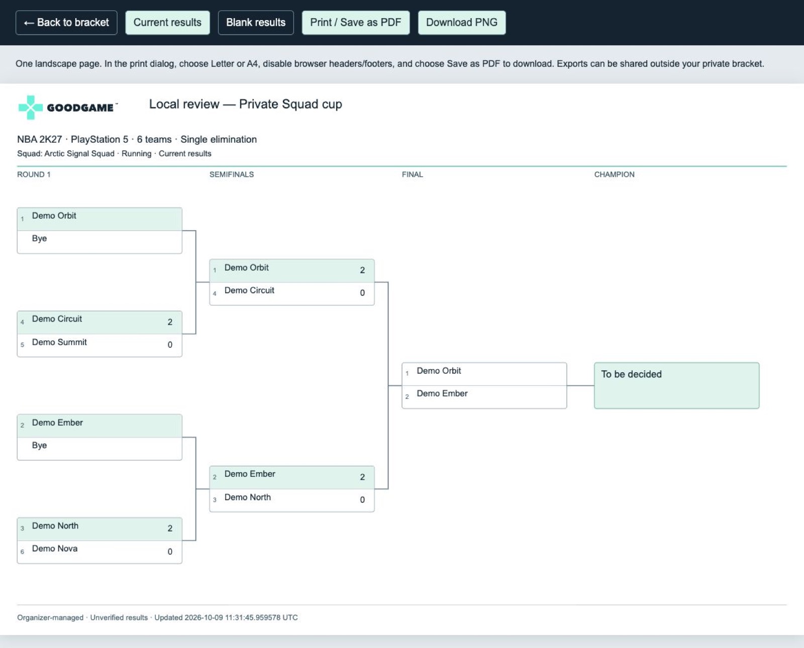 An organizer-managed demonstration bracket prepared for printing or sharing.
