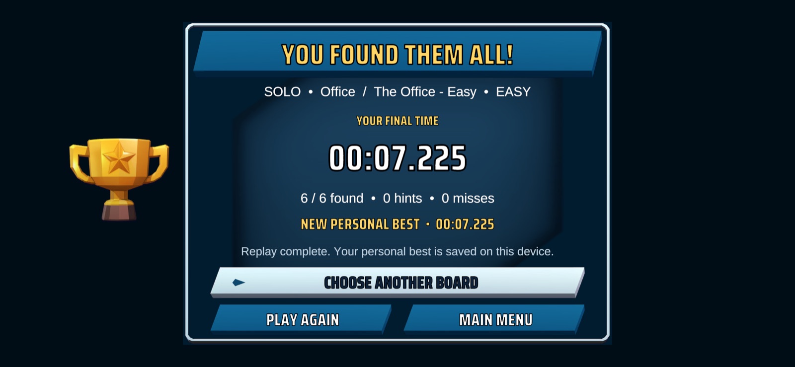 A completion screen from an automated practice run. The time is not a typical player result.