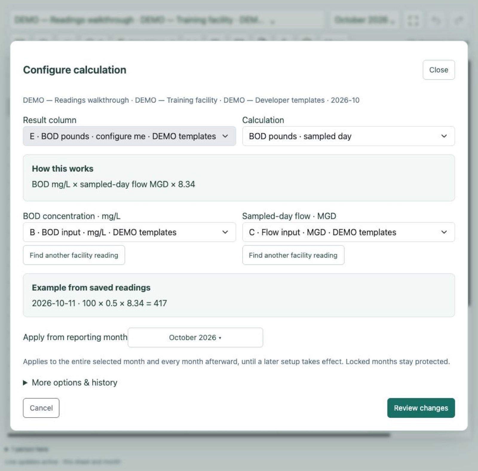Named readings and a calculation explanation in an unsaved demonstration setup.