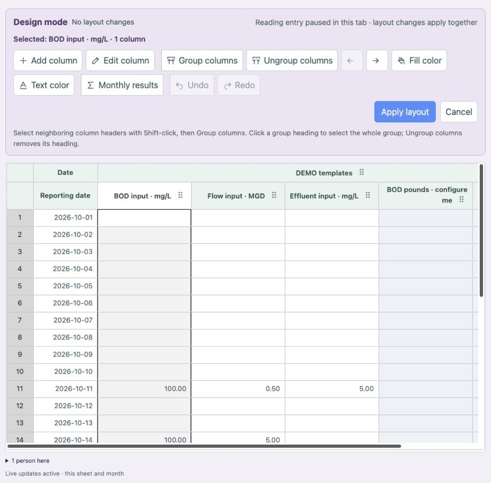 A visual design workspace for column grouping, presentation and monthly results.
